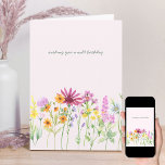 Tarjeta de cumpleaños salvaje de flor silvestre de<br><div class="desc">tarjeta de cumpleaños de flor silvestre de bonito,  titulada deseándole un cumpleaños salvaje,  que puede editar si lo desea,  junto con el saludo dentro. El diseño tiene un borde floral de flores silvestres coloridas en naranja lila rosa y amarillo con un ramo rosa en la parte posterior.</div>
