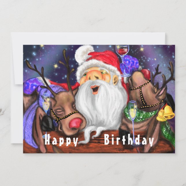 Tarjeta de cumpleaños Santa con renos divertida (Anverso)