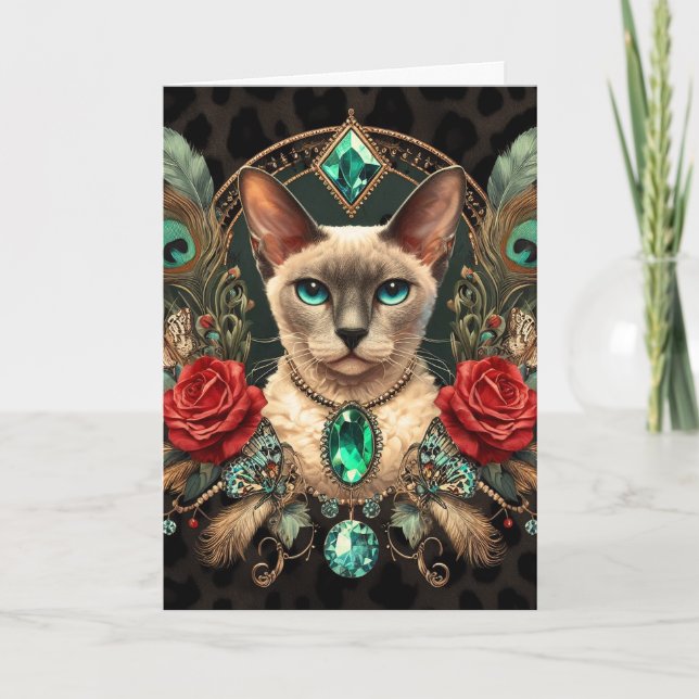 Tarjeta de cumpleaños Siamese Cornish Rex Floral V (Anverso)