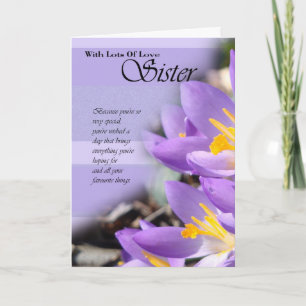Tarjeta de cumpleaños Sister púrpura crocus