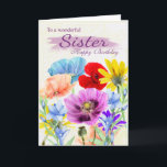 Tarjeta de cumpleaños Sister Watercolor Wild Flowe<br><div class="desc">Bonito Watercolor garden flores pansies daisies en varios colores,  todas las flores fueron pintadas a mano originalmente por mí mismo. Una tarjeta dulce perfecta para cualquier mujer.</div>