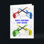 Tarjeta de cumpleaños Step Father Guitars<br><div class="desc">Una hermosa tarjeta de cumpleaños para un padrastro. Guitarra eléctrica colorida con una escala musical en el fondo. No puedes tener demasiadas guitarras. Una tarjeta de cumpleaños muy genial para la guitarra, celebra la energía y la pura diversión de este instrumento musical. Una tarjeta de cumpleaños perfecta para guitarristas y...</div>