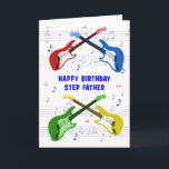 Tarjeta de cumpleaños Step Father Guitars<br><div class="desc">Una hermosa tarjeta de cumpleaños para un padrastro. Guitarra eléctrica colorida con una escala musical en el fondo. No puedes tener demasiadas guitarras. Una tarjeta de cumpleaños muy genial para la guitarra, celebra la energía y la pura diversión de este instrumento musical. Una tarjeta de cumpleaños perfecta para guitarristas y...</div>