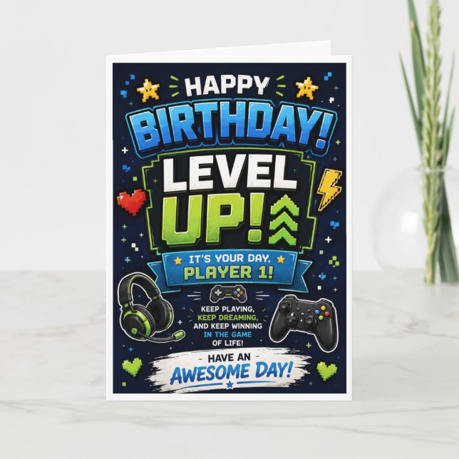 Tarjeta de cumpleaños 'Sube de nivel' para hijo (Anverso)
