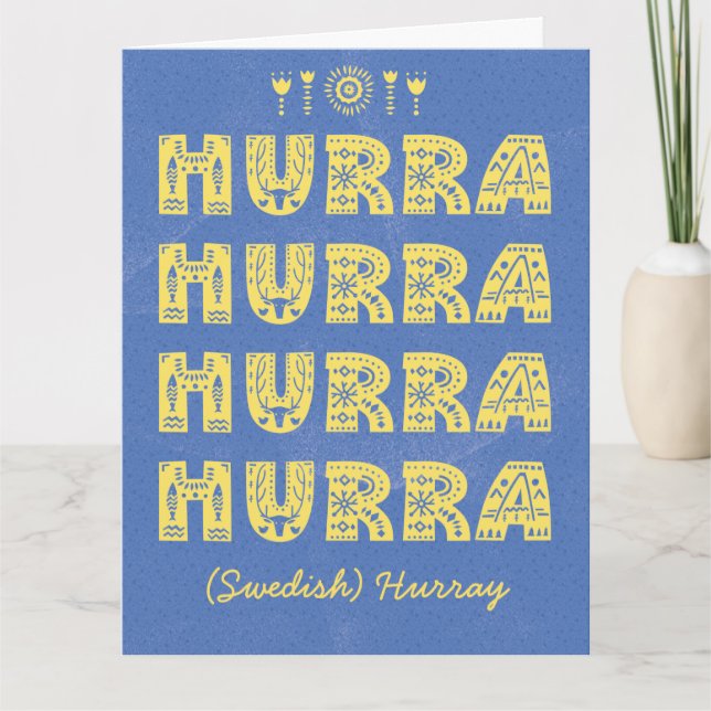 Tarjeta de cumpleaños sueca con texto sueco Hurra (Anverso)