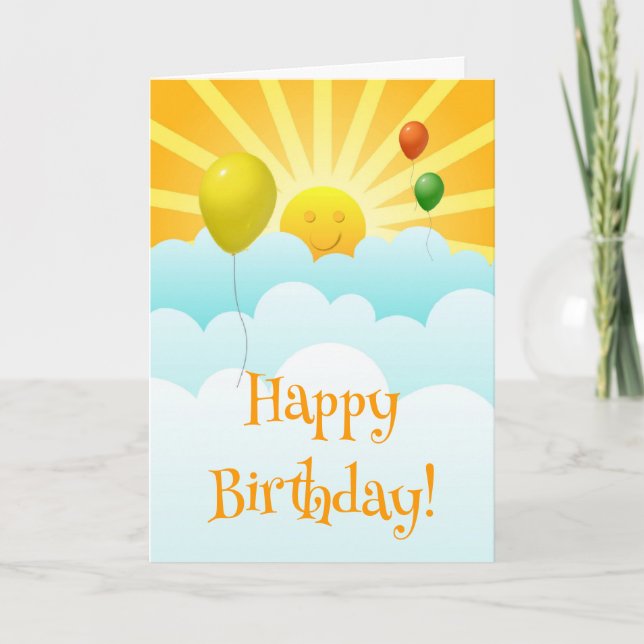 Tarjeta de cumpleaños Sunshine Happy Face y Balloo (Anverso)
