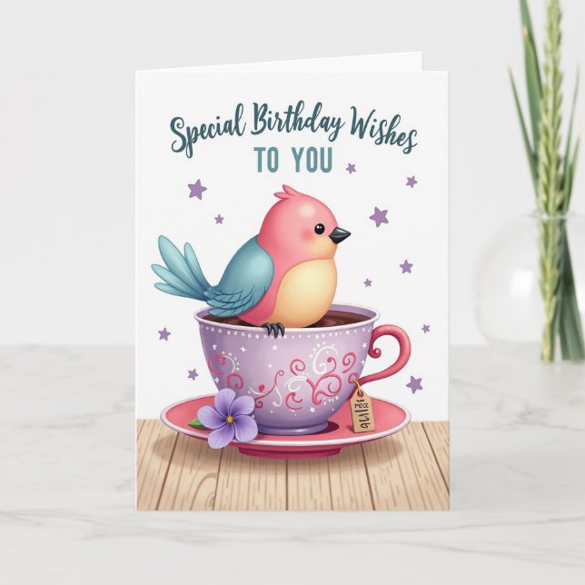 Tarjeta de cumpleaños Sweet Bird Teacup (Anverso)