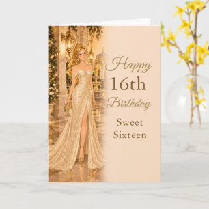 Tarjeta de cumpleaños Sweet Sixteen en oro champán