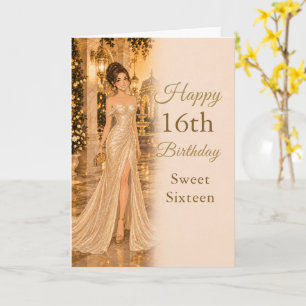 Tarjeta de cumpleaños Sweet Sixteen en oro champán