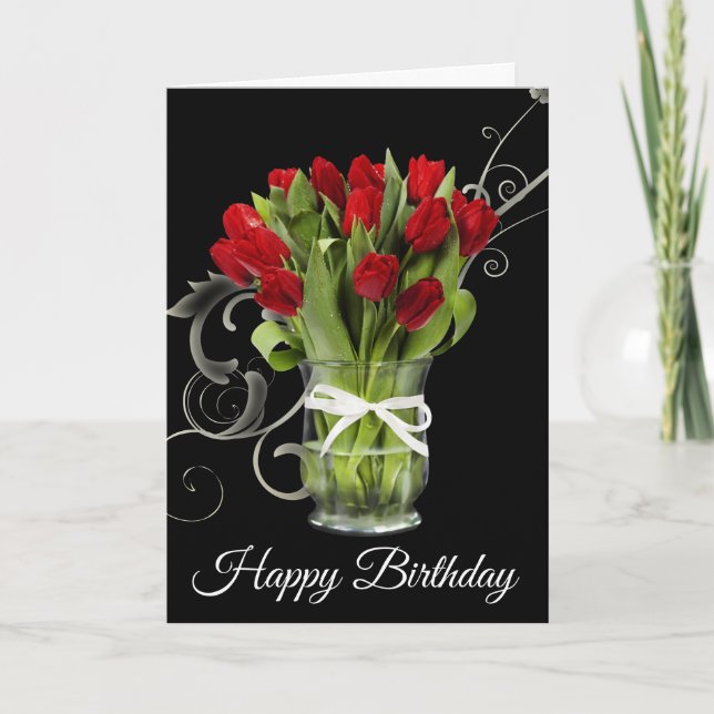 Tarjeta de cumpleaños-tarjeta de tulipanes rojos (Anverso)