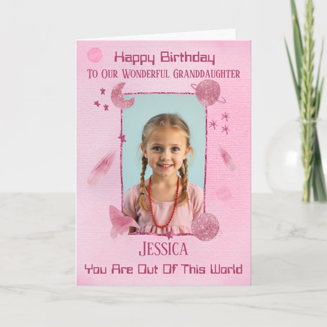 Tarjeta de cumpleaños temática de espacio rosa fue (Anverso)