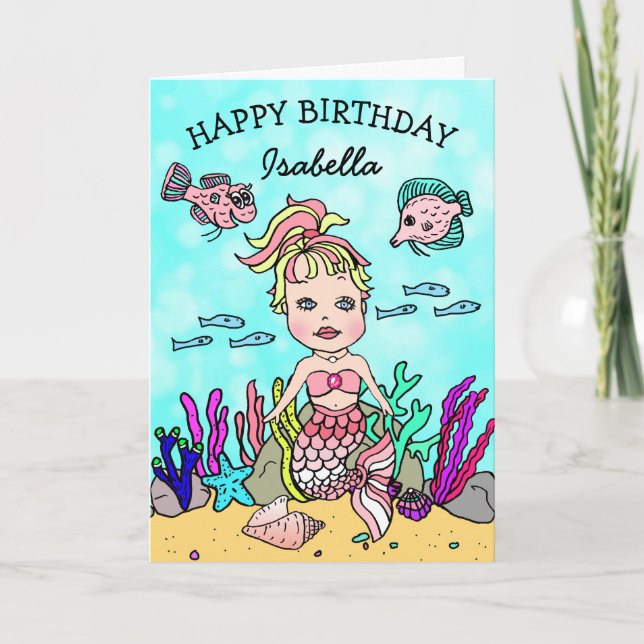 Tarjeta de cumpleaños temática de sirena rosa (Anverso)