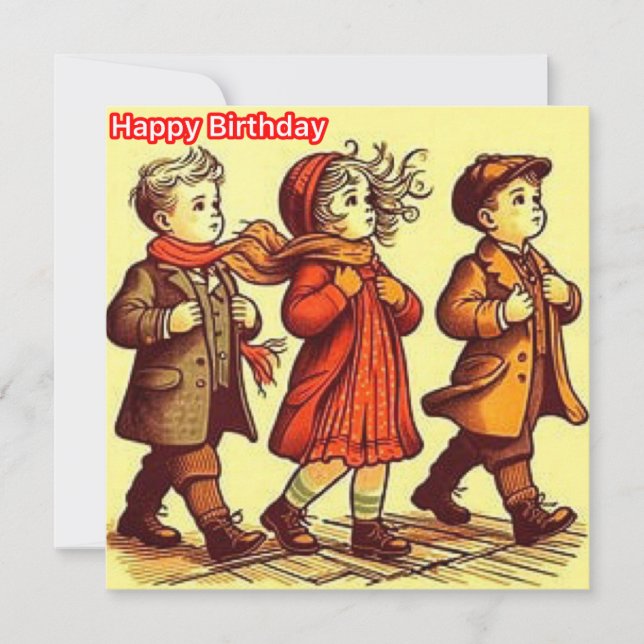 TARJETA DE CUMPLEAÑOS ~ Tres niños retro pequeños  (Anverso)