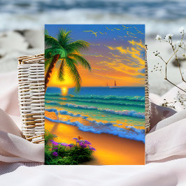 Tarjeta de cumpleaños tropical al atardecer
