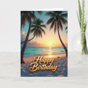 Tarjeta de cumpleaños tropical con puesta de sol y