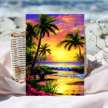 Tarjeta de cumpleaños tropical de puesta de sol