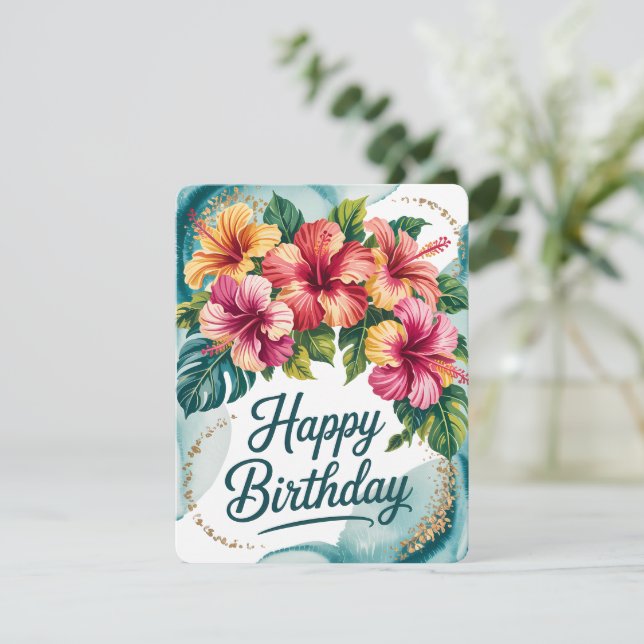 Tarjeta de cumpleaños tropical floral (Anverso de pie)