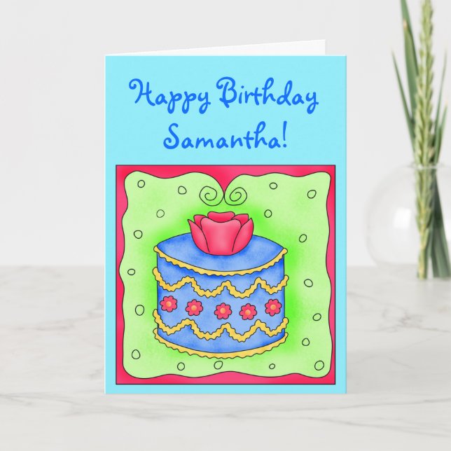 Tarjeta de cumpleaños turquesa con pastel azul (Anverso)