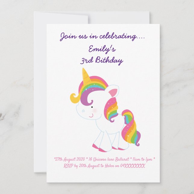 Tarjeta de cumpleaños Unicornio (Anverso)