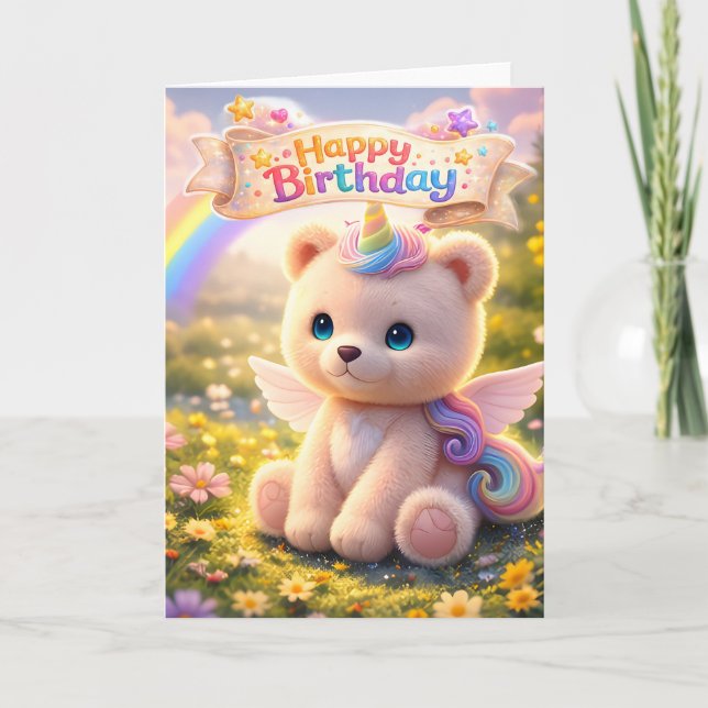 Tarjeta de cumpleaños unicornio osito de peluche (Anverso)