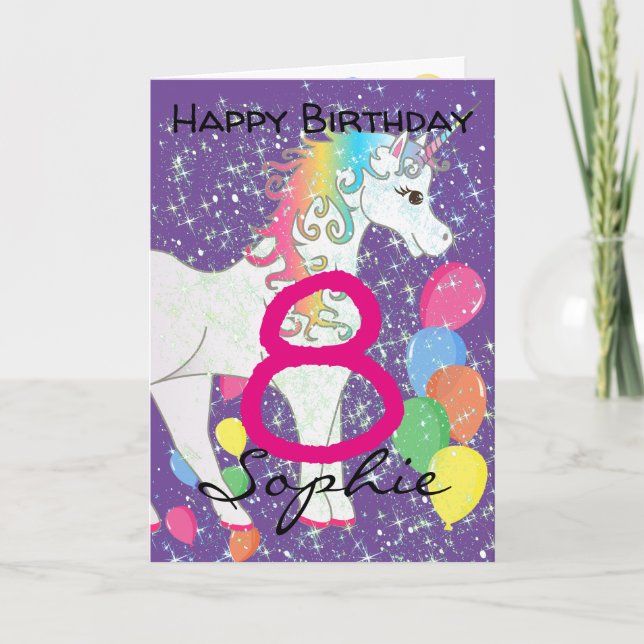 Tarjeta De Cumpleaños Unicornio Para Chica De 8 Añ (Anverso)