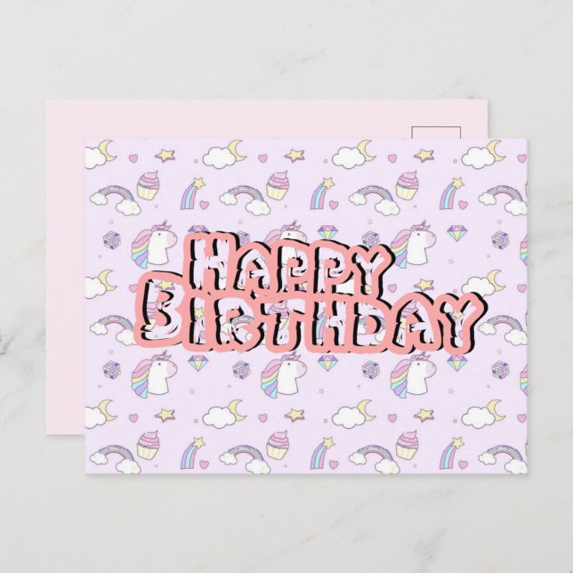 Tarjeta de cumpleaños unicornio rosa lindo  (Anverso / Reverso)