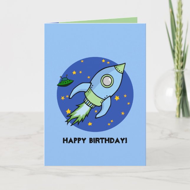 Tarjeta de cumpleaños verde azul de cohete (Anverso)
