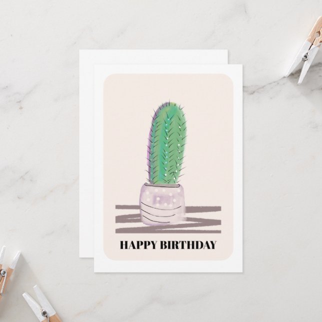 Tarjeta de cumpleaños verde de cactus de planta mo (Anverso/Reverso In Situ)