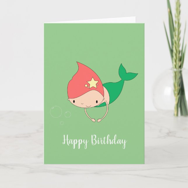 Tarjeta de cumpleaños verde de la sirena de la tir (Anverso)