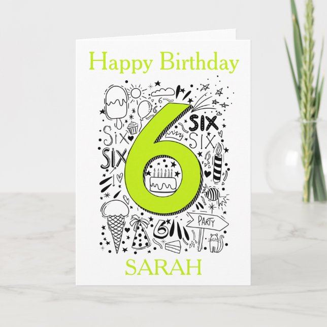Tarjeta de cumpleaños verde de seis años (Anverso)