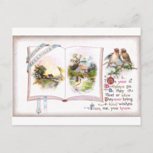 Tarjeta de cumpleaños vintage para libros y aves
