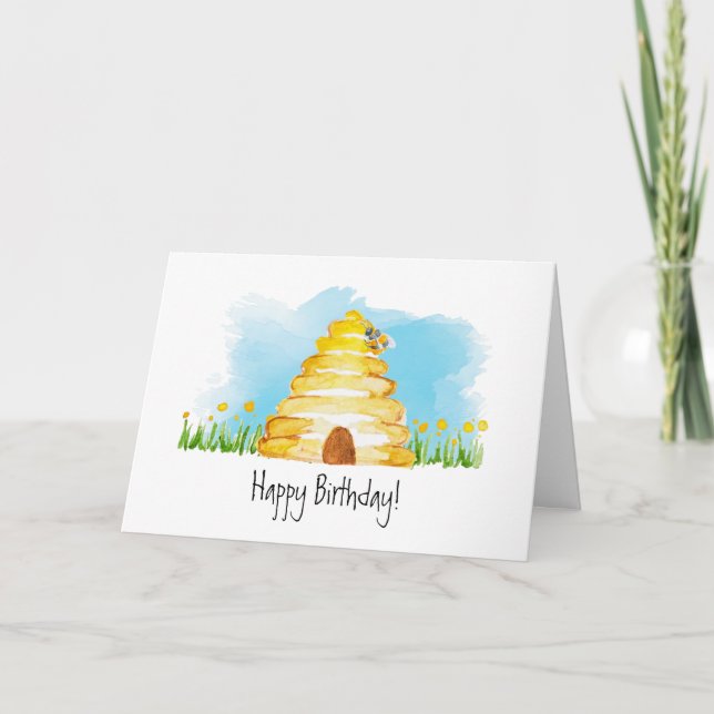 Tarjeta de cumpleaños Watercolor Bee Happy (Anverso)