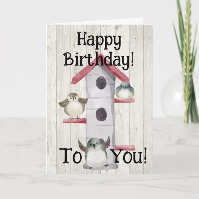 Tarjeta de cumpleaños Watercolor Birdhouse Happy H (Anverso)