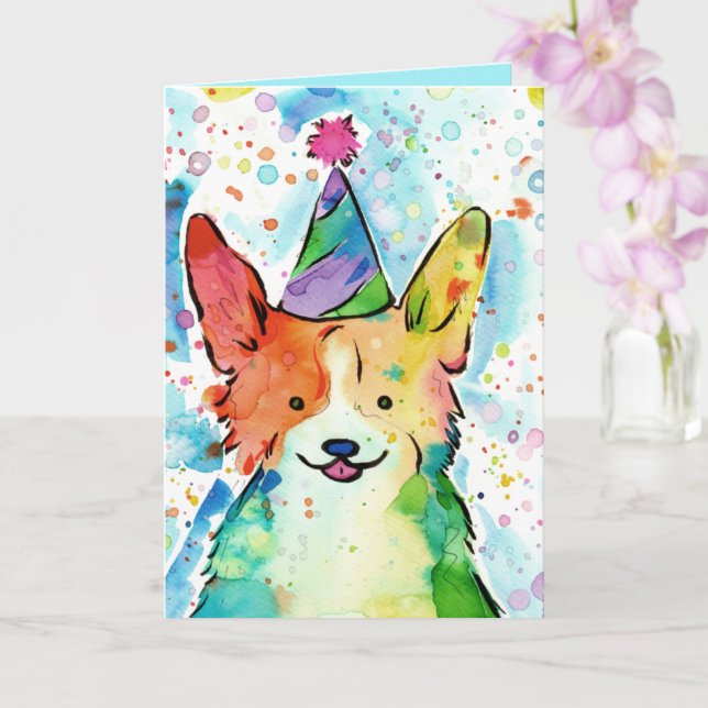 Tarjeta de cumpleaños Watercolor Corgi (Orquídea)