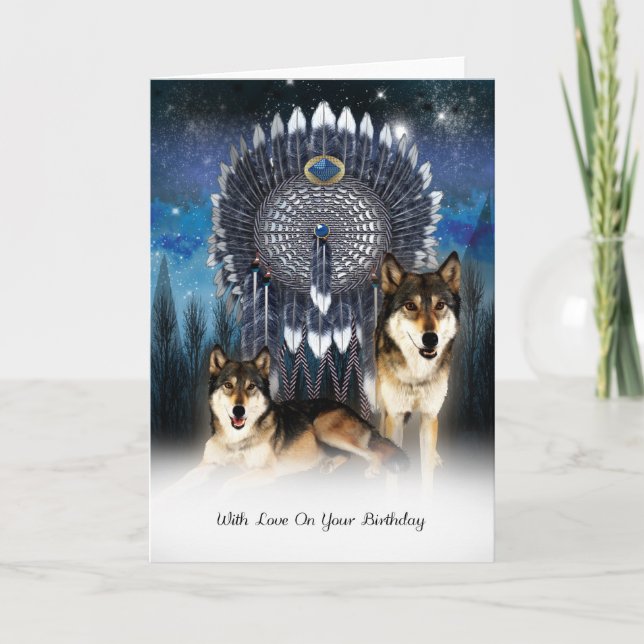 Tarjeta de cumpleaños Wolf de estilo indio america (Anverso)