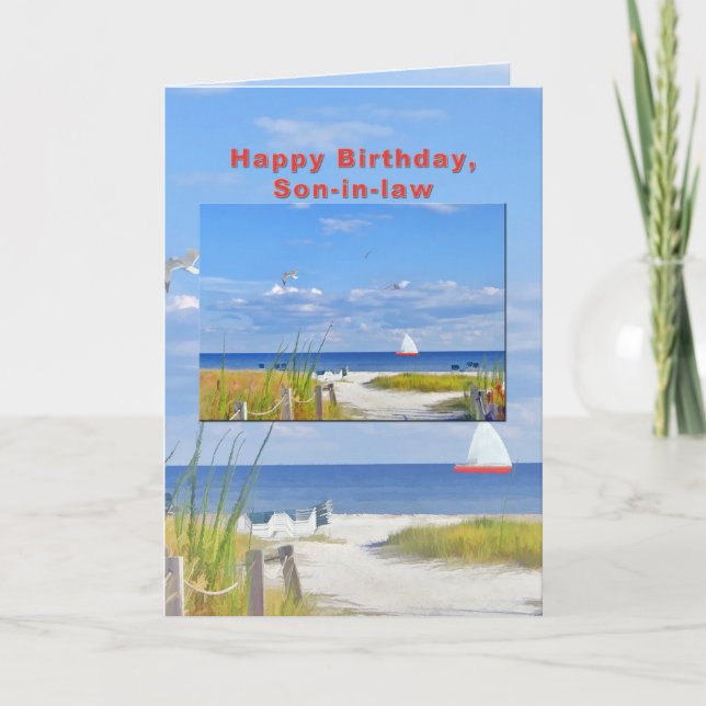 Tarjeta de cumpleaños, yerno, vista a la playa y a (Anverso)