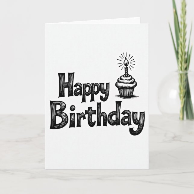 Tarjeta de Cupcake de Cumpleaños Blanco Negro (Anverso)