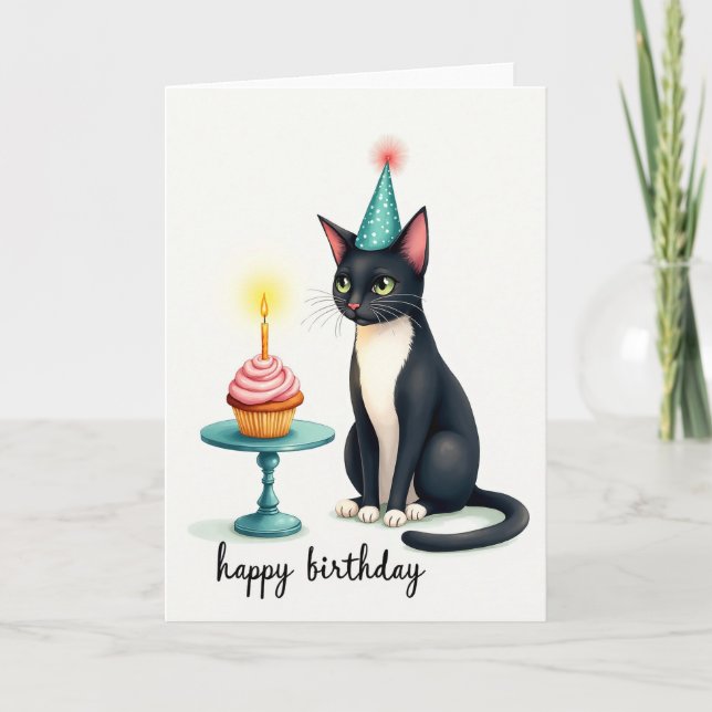 Tarjeta de Cupcake de Cumpleaños Felino (Anverso)
