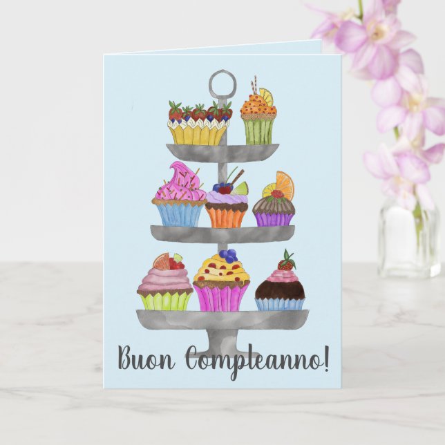 Tarjeta de cupcakes de acuarela de cumpleaños de I (Orquídea)