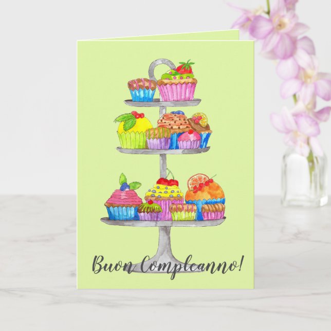 Tarjeta de cupcakes de acuarela de cumpleaños de I (Orquídea)