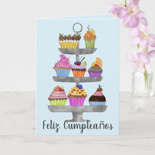 Tarjeta de cupcakes de acuarela de cumpleaños espa (Orquídea)