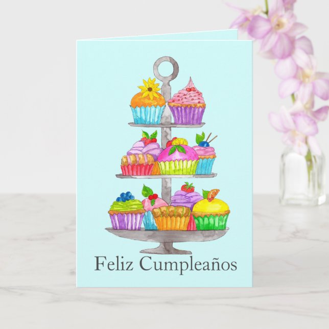 Tarjeta de cupcakes de acuarela de cumpleaños espa (Orquídea)