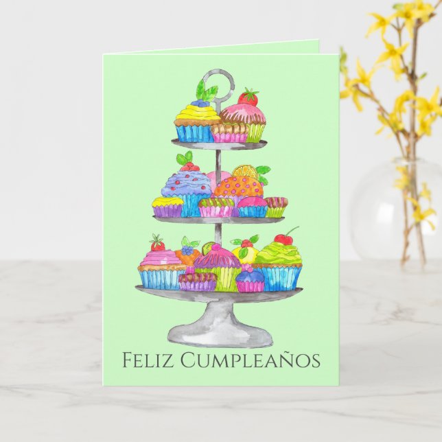 Tarjeta de cupcakes de acuarela de cumpleaños espa (flor amarilla)