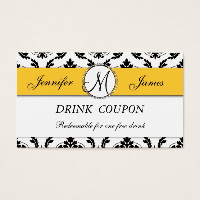 Tarjeta de cupón de bebida gratuita Damask Yellow  (Frente)