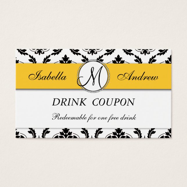Tarjeta de cupón de bebida gratuita Damask Yellow  (Frente)