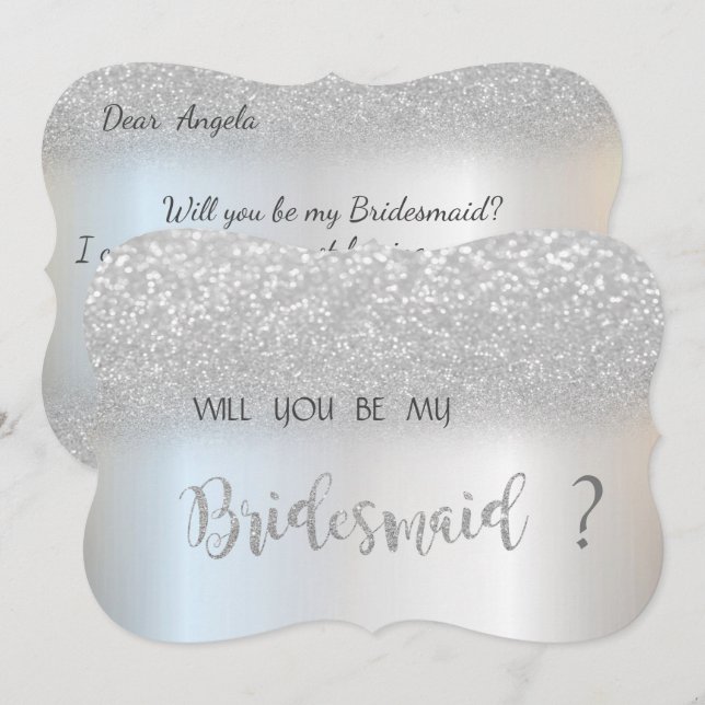 Tarjeta de dama de honor con brillo plateado elega (Anverso / Reverso)