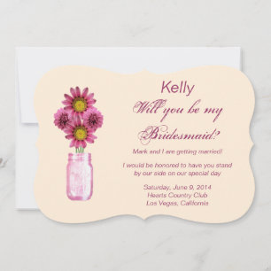 Tarjeta de dama de honor con flores rosadas en fra