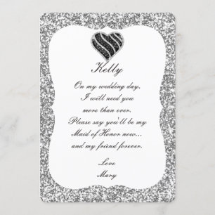Tarjeta de Dama de Honor Corazón Negro Brillo Plat