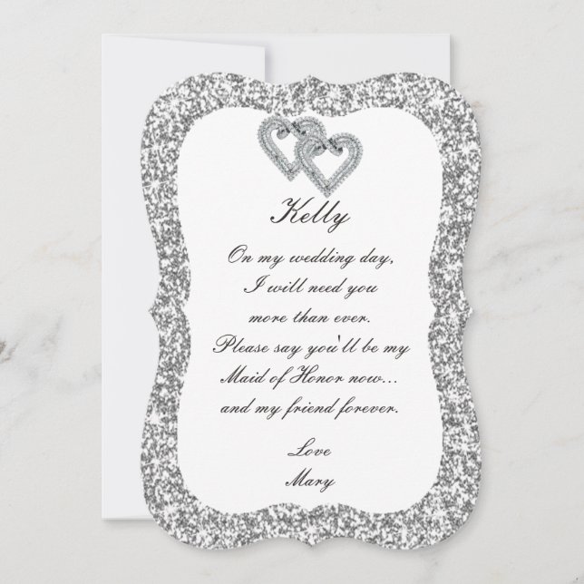 Tarjeta de Dama de Honor Corazones Diamante Brillo (Anverso)