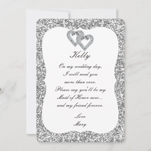 Tarjeta de Dama de Honor Corazones Diamante Brillo (Anverso)